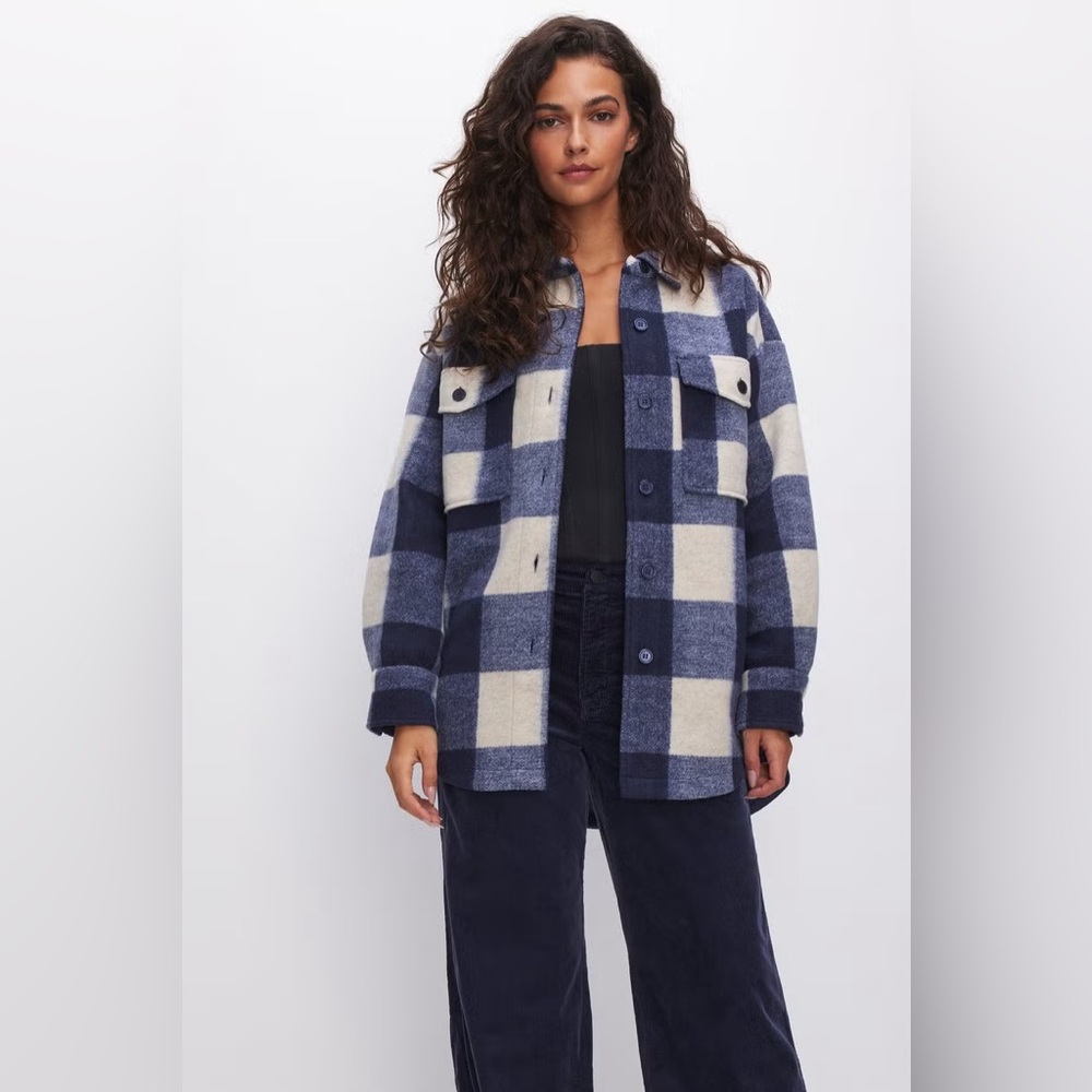 Good American Navy and Cream Plaid Shacket